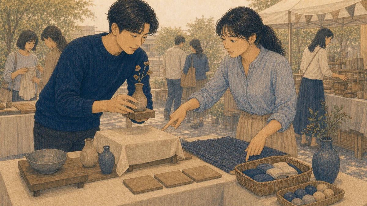 二人の成人が地域の小さな催しで一緒に展示台を整え、一人が自分の作品を見せながら提案し、もう一人が別の配置を指して笑顔で意見を返す場面