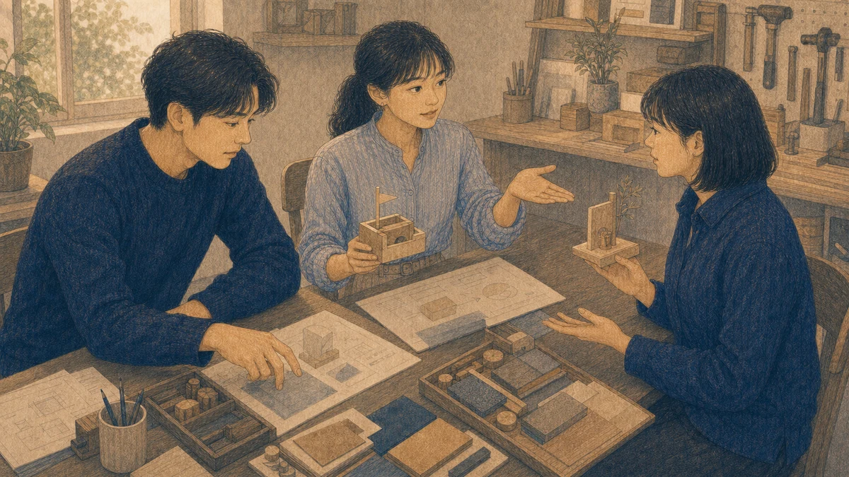 成人三人の小さな制作チームで、中心の一人が完成前の試作品を掲げながら目的を説明し、別の一人へ発言を促し、もう一人が自分の案を示している場面