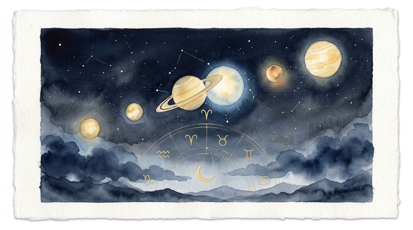 2026年に複数の天体が牡羊座付近に集まる天球上の配置イメージ