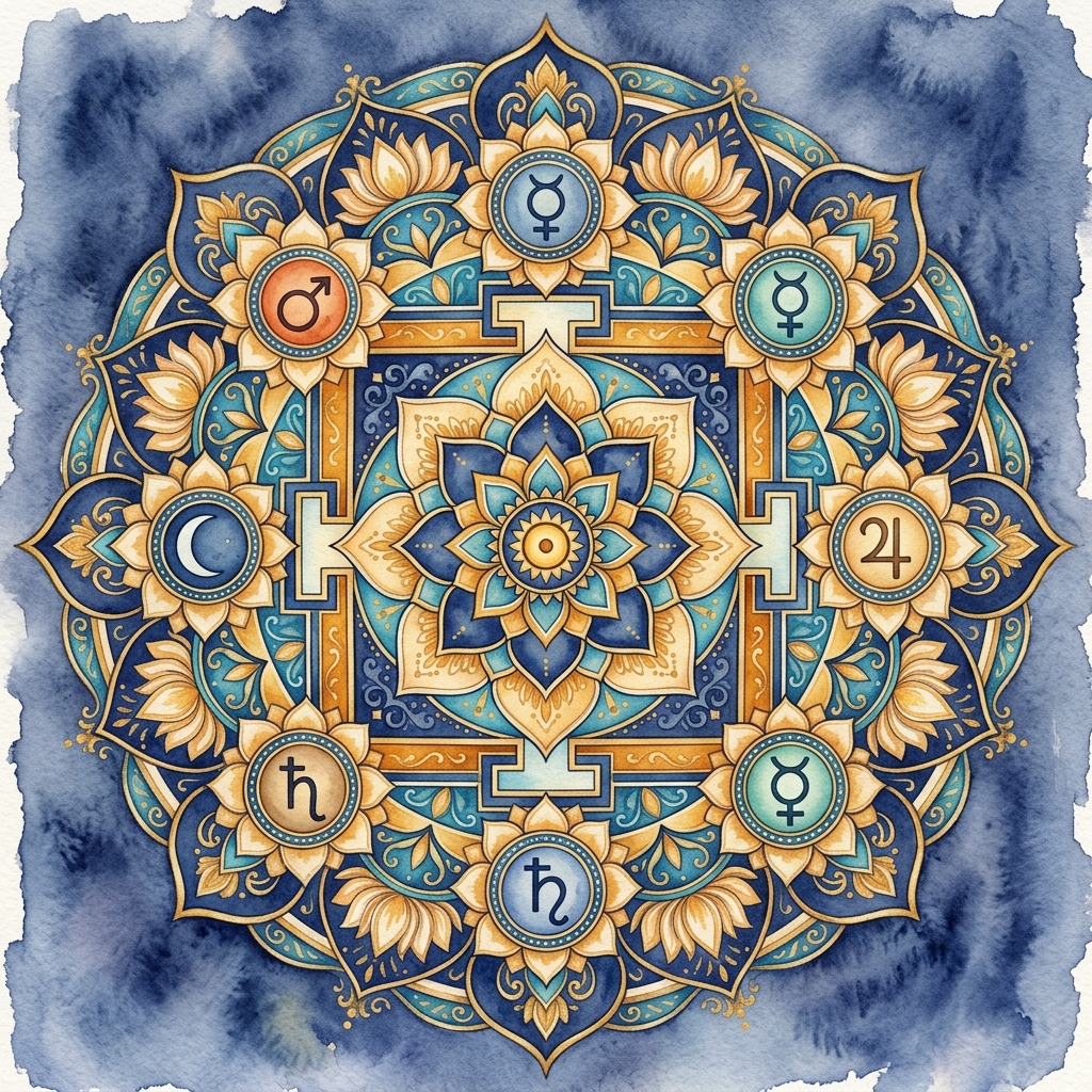 インド占星術の9惑星（ナヴァグラハ）を配したヴェーダのマンダラ図