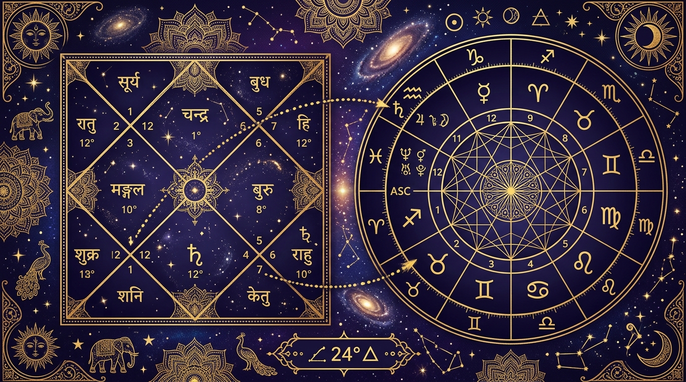 インド占星術と西洋占星術のホロスコープ比較図