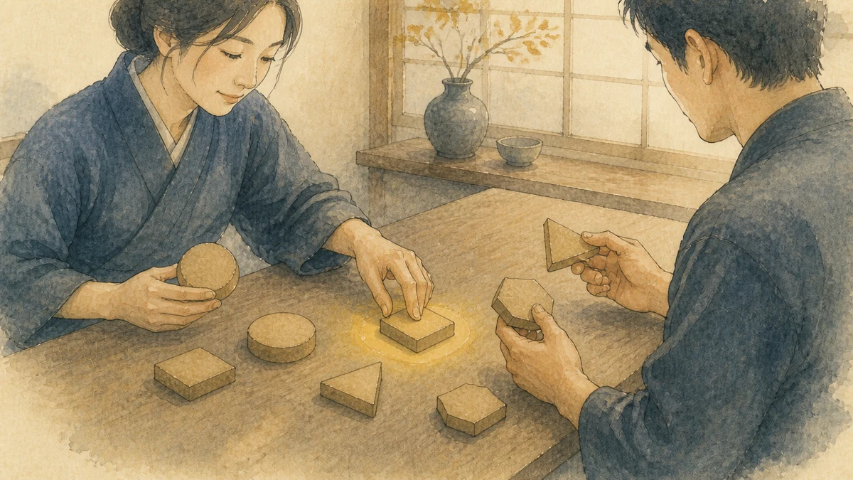 異なる形の木片を持ち寄り中央の一片を共有する二人