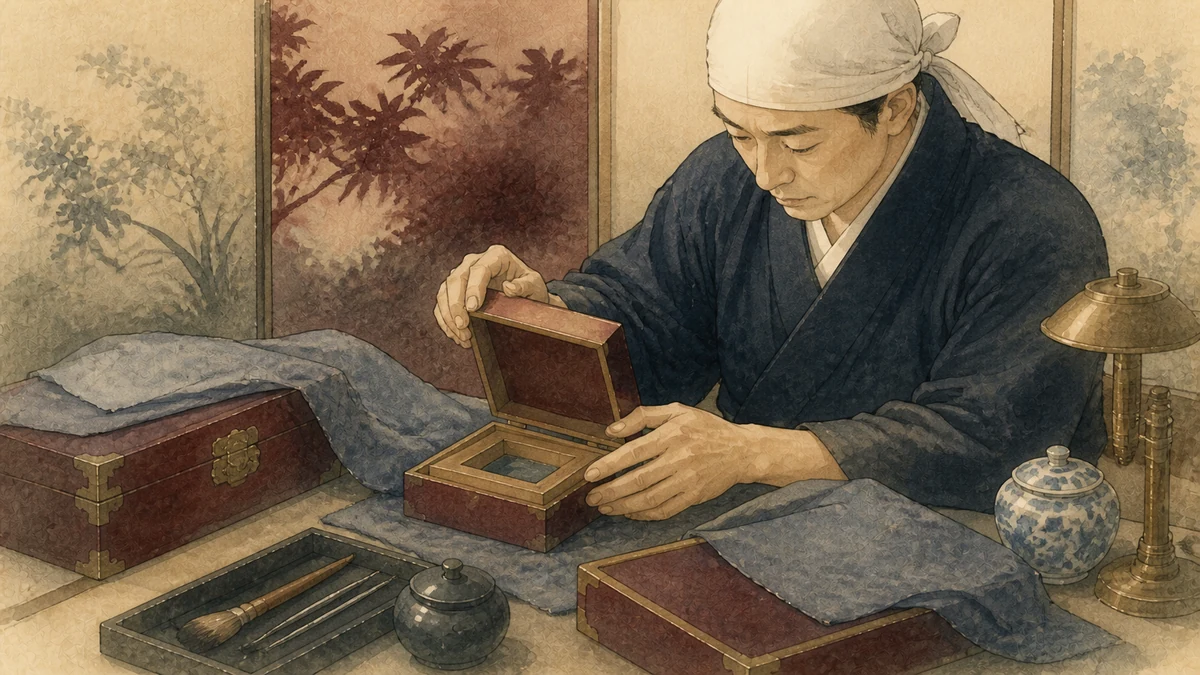 入れ子の木箱を開き内側の区画を慎重に調べる人