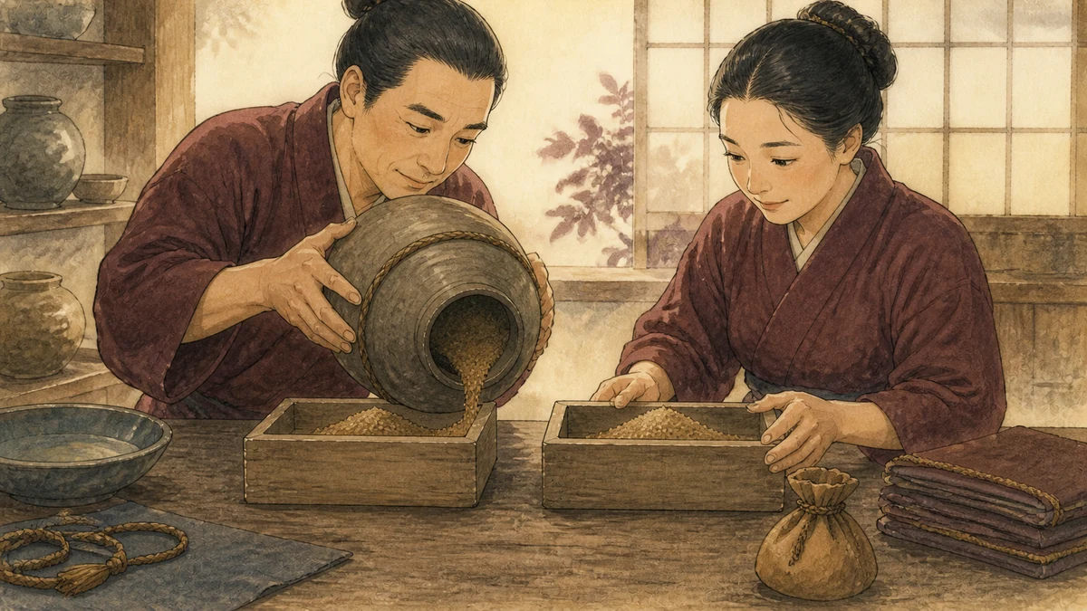 共有する穀物を二つの木箱へ分けて確認する二人