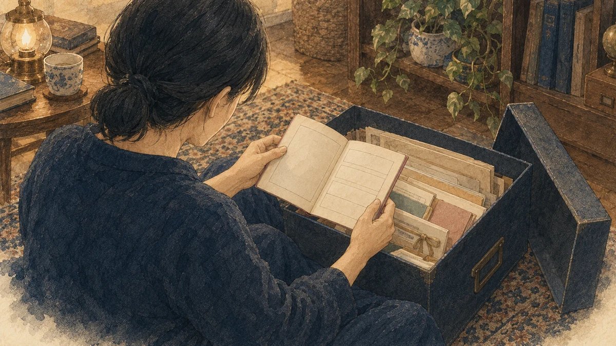 保管箱から出生時の記録を取り出して確かめる大人の手元