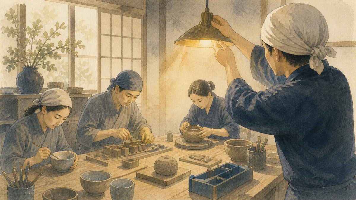 共同作業台全体を照らすよう吊り照明を調整する人
