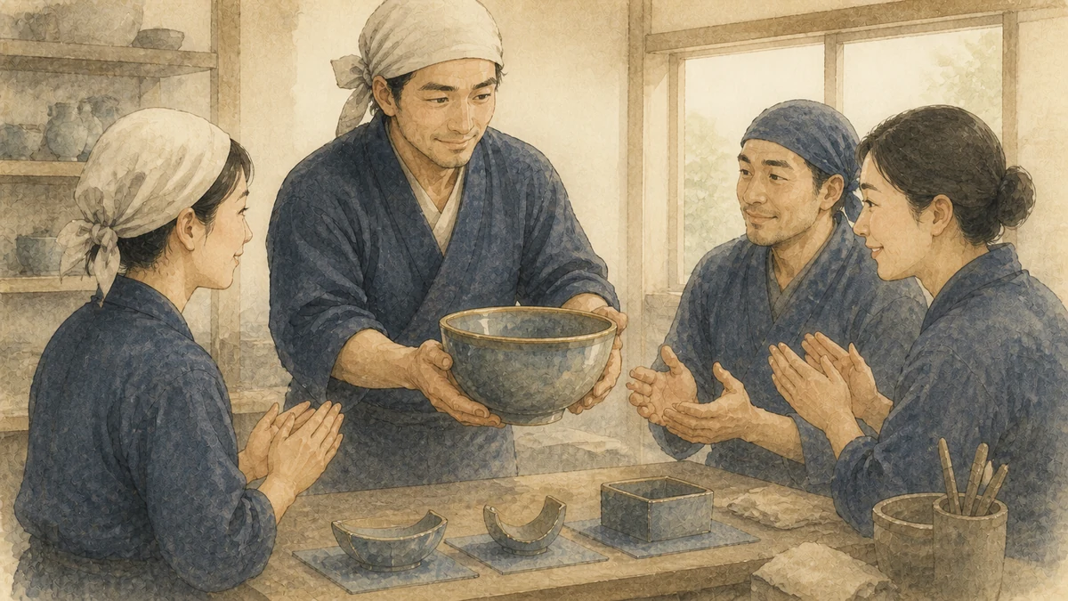 仲間が作った部品を合わせた器を両手で渡す人