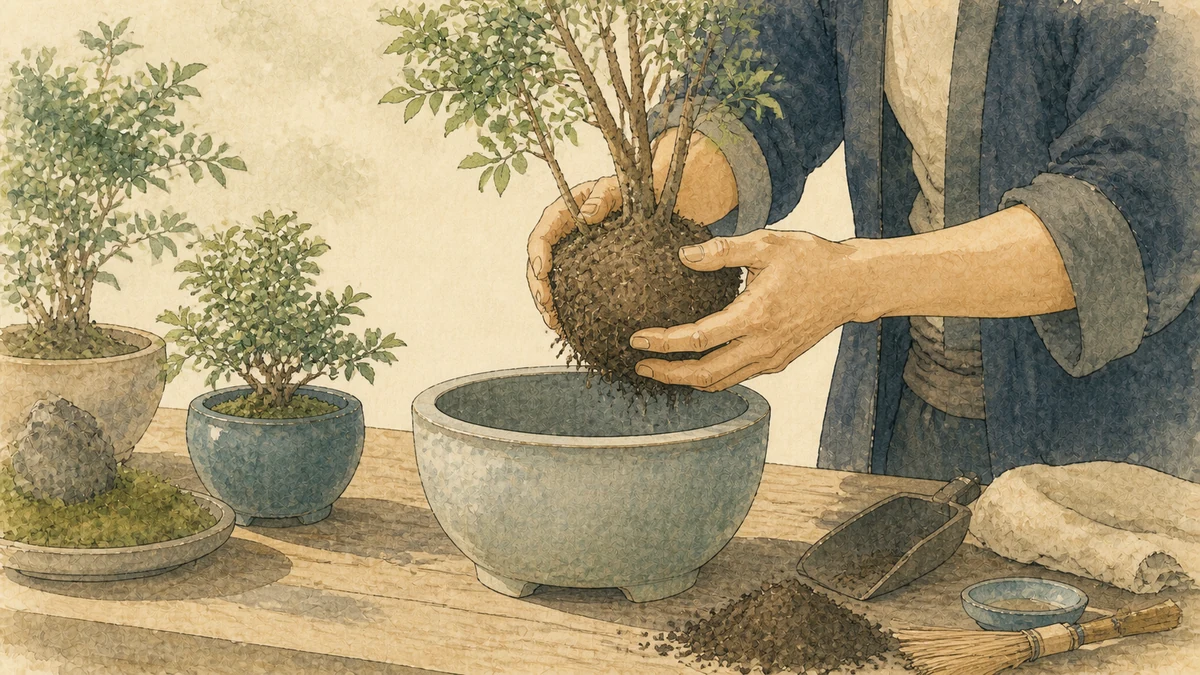 根鉢を両手で支え一回り大きな鉢へ植え替える人