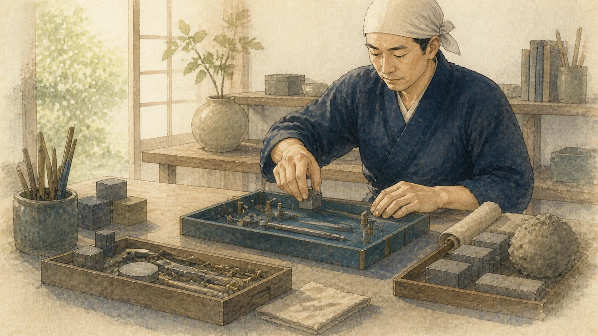 必要な道具だけを手元の作業台へ整える人