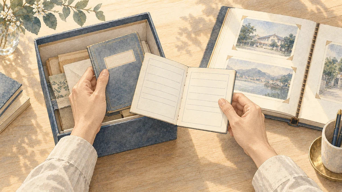 出生時間の記録を探すため、保管箱から出産時の冊子とアルバムを取り出す手元