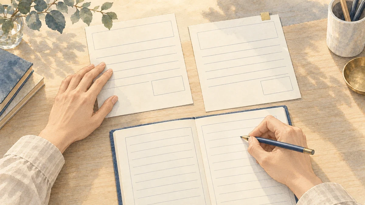 時刻不明の参考結果と記録で確認した結果を分け、計算条件をノートに書き留める手元