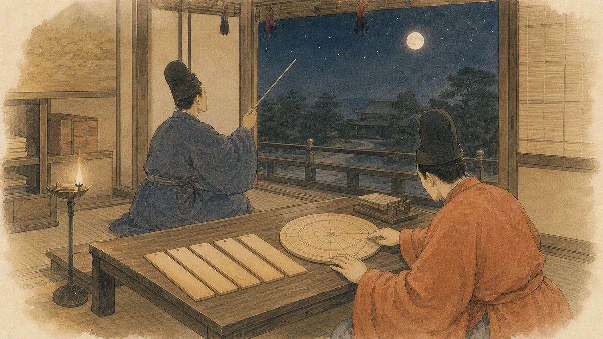 古代日本の宮廷で、一人の暦担当者が月と星を観察し、もう一人が無地の木札と方位盤を照合する彩墨画
