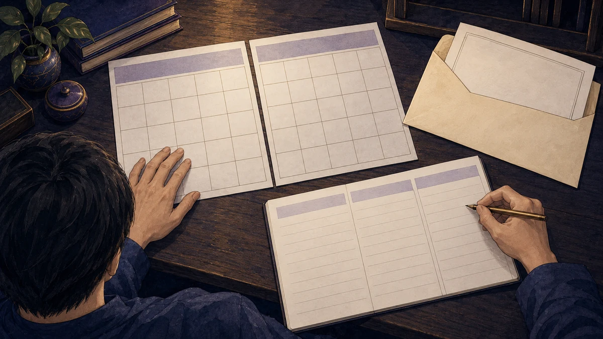 出生記録と二種類の暦を並べ、年齢の数え方をノートで確認する人