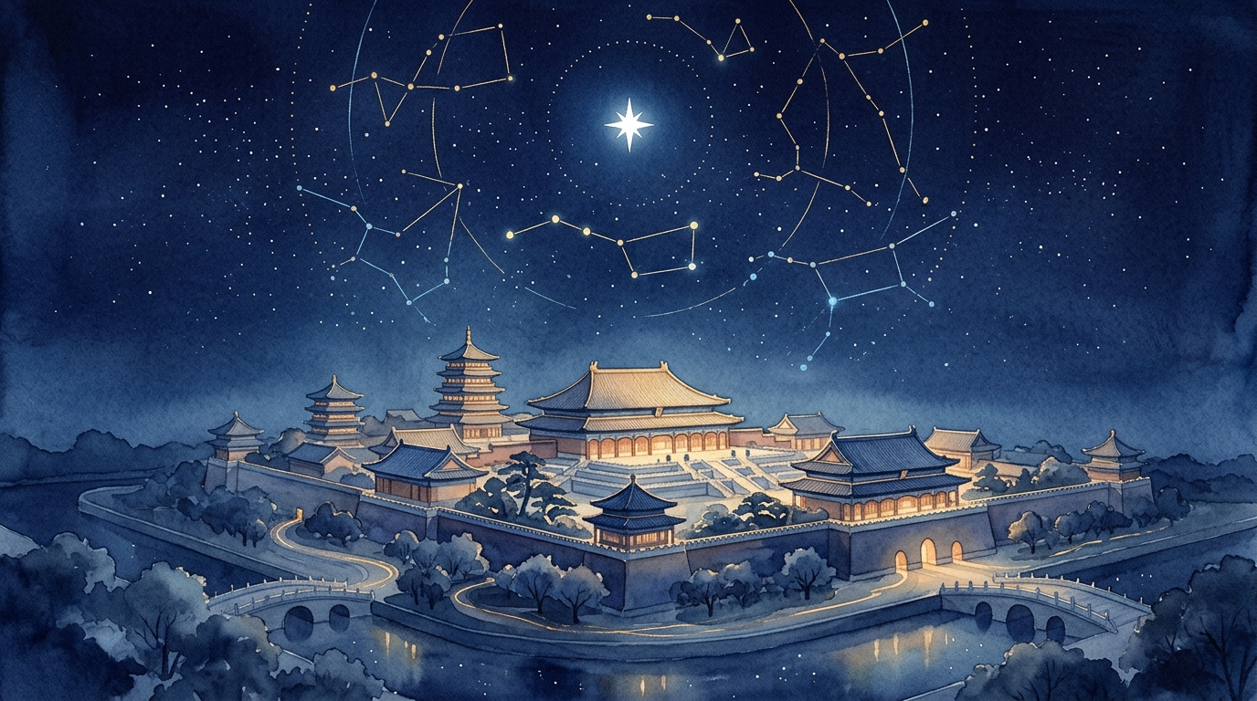 古代中国の宮殿の上空に輝く北極星（紫微星）と星座のパターンを描いた水彩イラスト