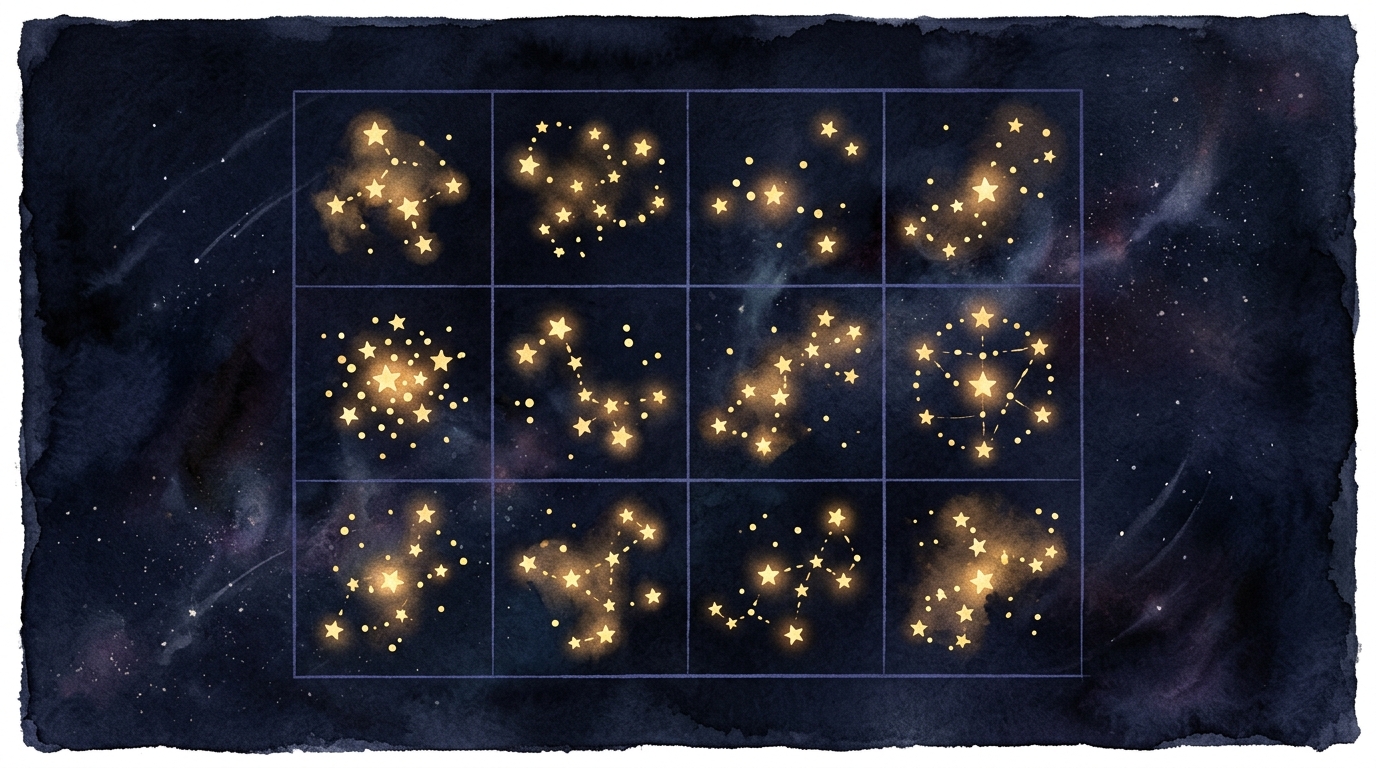 紫微斗数の五行バランスと星の配置を象徴する天体イラスト