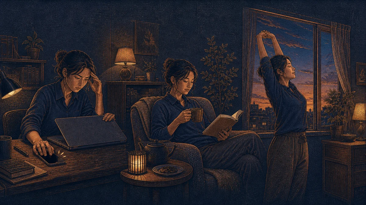 仕事と通知を閉じた成人が、読書とお茶、窓辺の軽いストレッチを順に試し、緊張がほどけていく場面