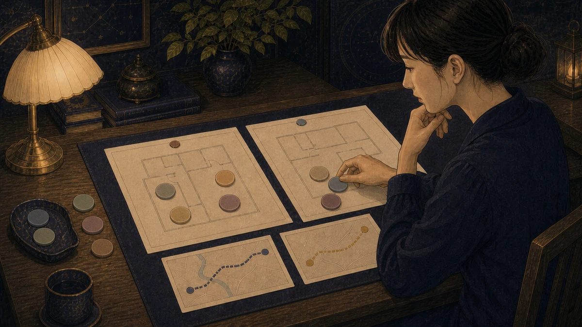 一人の人物が文字のない二つの住環境プランと経路カードを机上で比較し、費用・移動・支援を示す無地の確認トークンを並べている場面