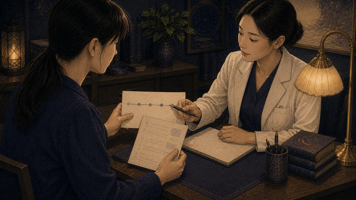 一人の人物が文字のない体調記録と服薬情報の紙を医療者へ渡し、二人で経過を確認している相談場面