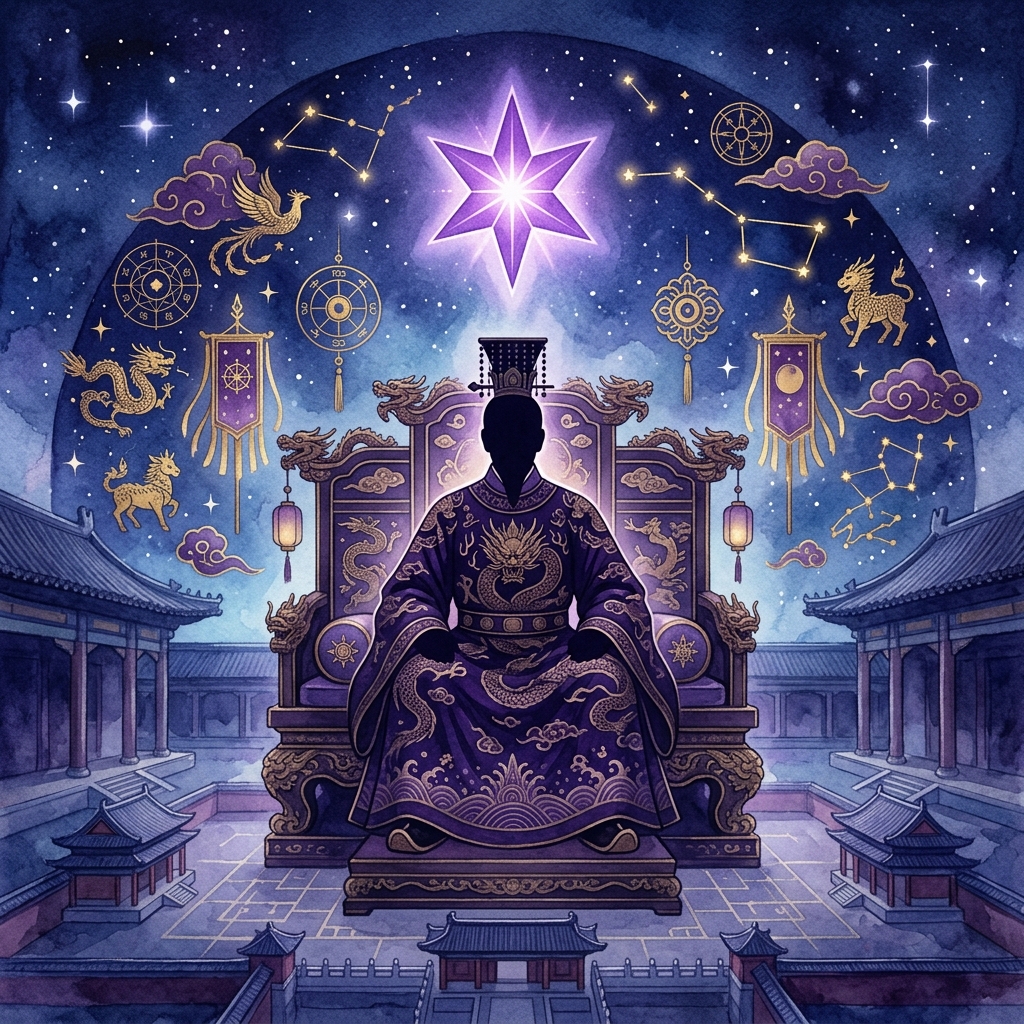 紫微斗数の紫微星（皇帝の星）を象徴する紫と金の北極星イメージ